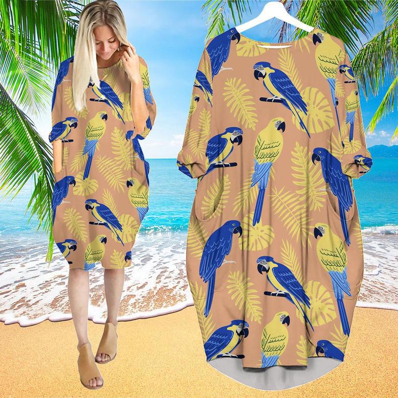 Blue And Gold Bird Tropical Long Sleeve Midi Dress