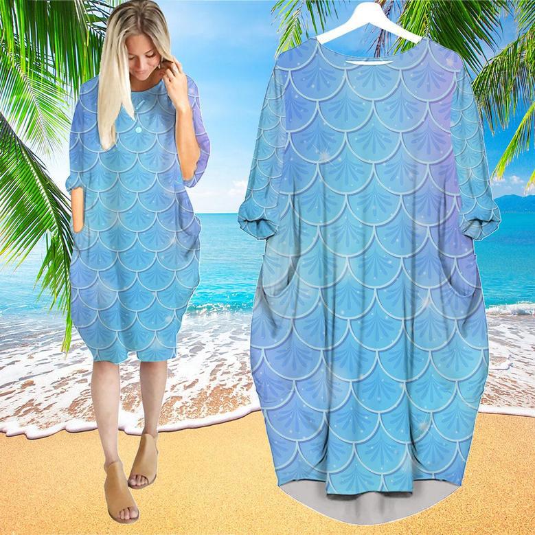 Blue Holographic Mermaid Scales Sleeve Midi Dress