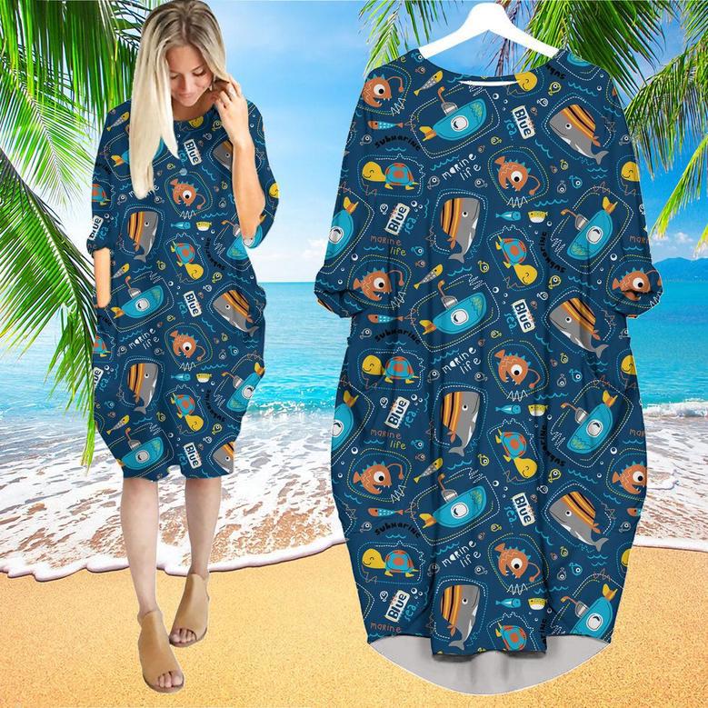 Blue Submarine With Sea Animals Long Sleeve Midi Dress