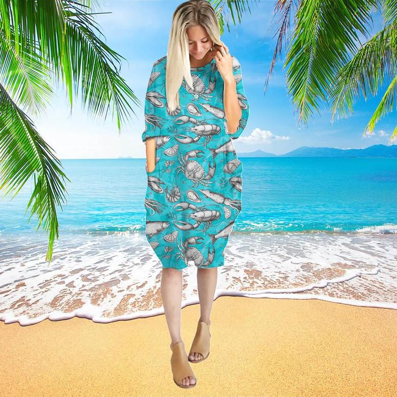 Blue Summer Seafood Tasty Long Sleeve Midi Dress