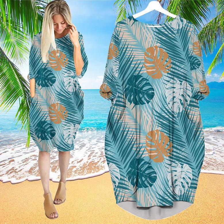 Blue Tropical Leaves Pattern Long Sleeve Midi Dress