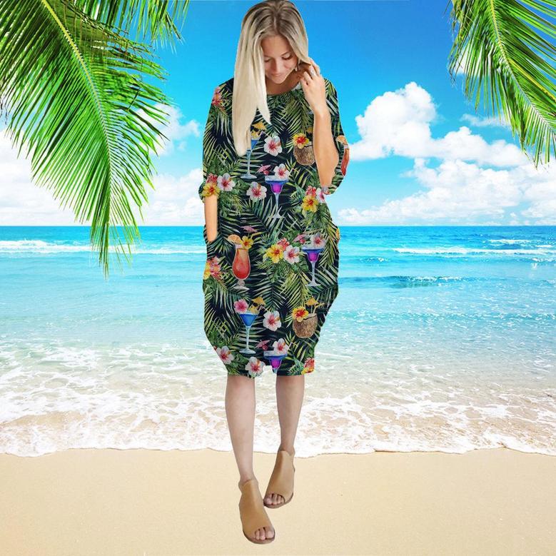 Bright Cocktails With Colorful Flowers Long Sleeve Midi Dress