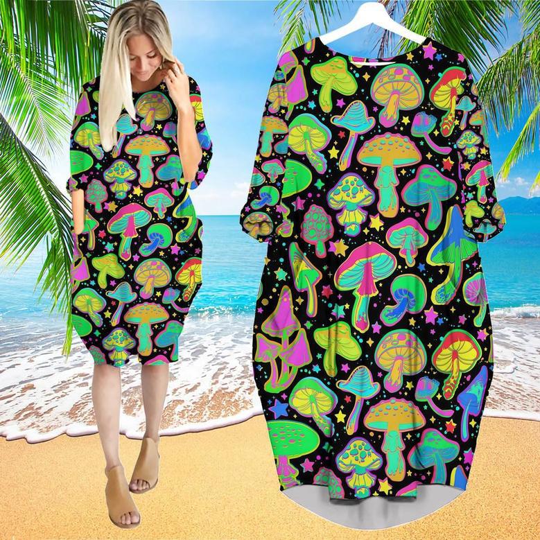 Bright Psychedelic Mushrooms Long Sleeve Midi Dress