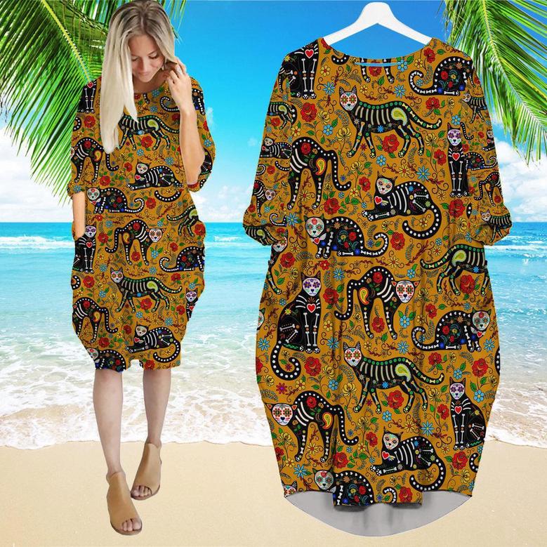 Calavera Sugar Skull Black Cats In Mexican Style Long Sleeve Midi Dress