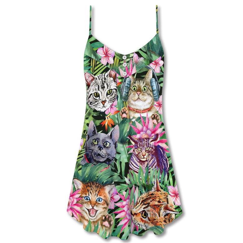 Cat Is My Life Funny Tropical Leaf - V-Neck Sleeveless Cami Dress