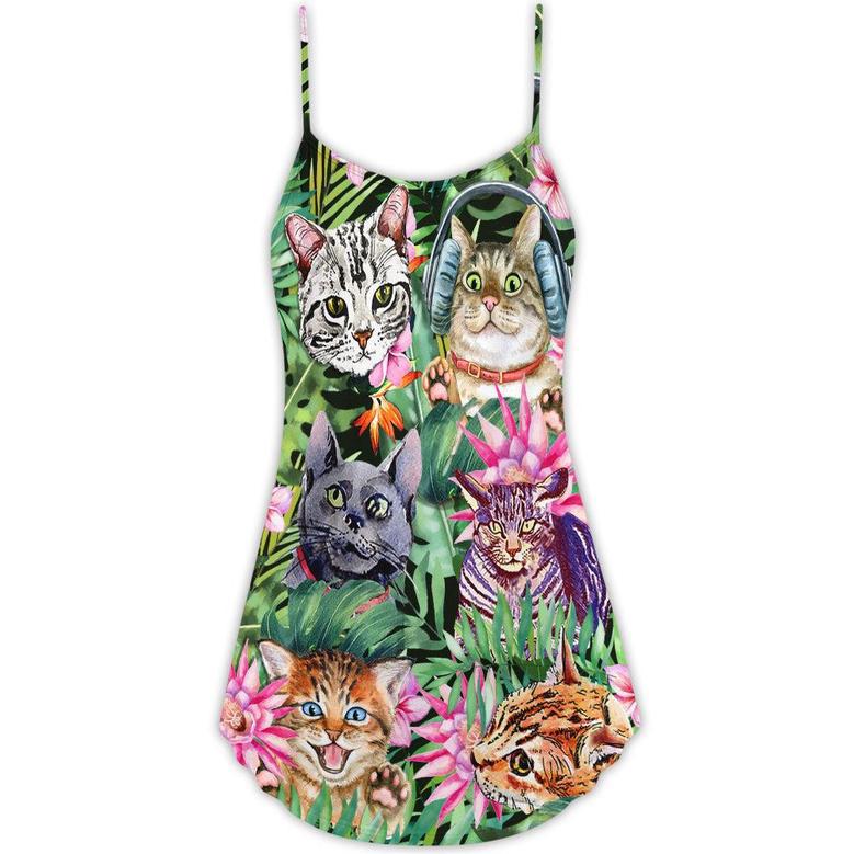 Cat Is My Life Funny Tropical Leaf - V-Neck Sleeveless Cami Dress