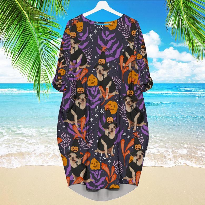 Chihuahua Halloween Pumkins Tropical Long Sleeve Midi Dress