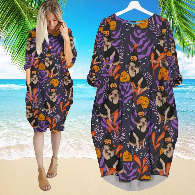 Chihuahua Halloween Pumkins Tropical Long Sleeve Midi Dress