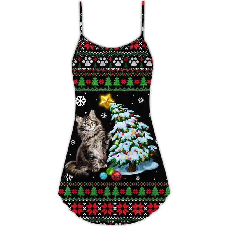 Christmas Cute Cat Wreck Tree Light Funny Ugly Style - V-Neck Sleeveless Cami Dress