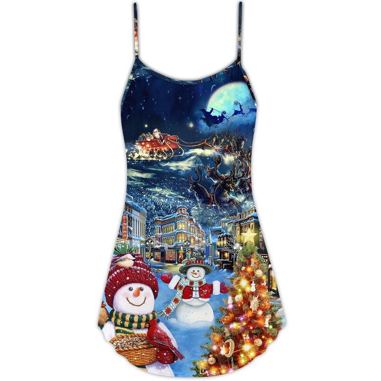 Christmas Family Snowman Santa Claus In Love Light Art Style - V-Neck Sleeveless Cami Dress