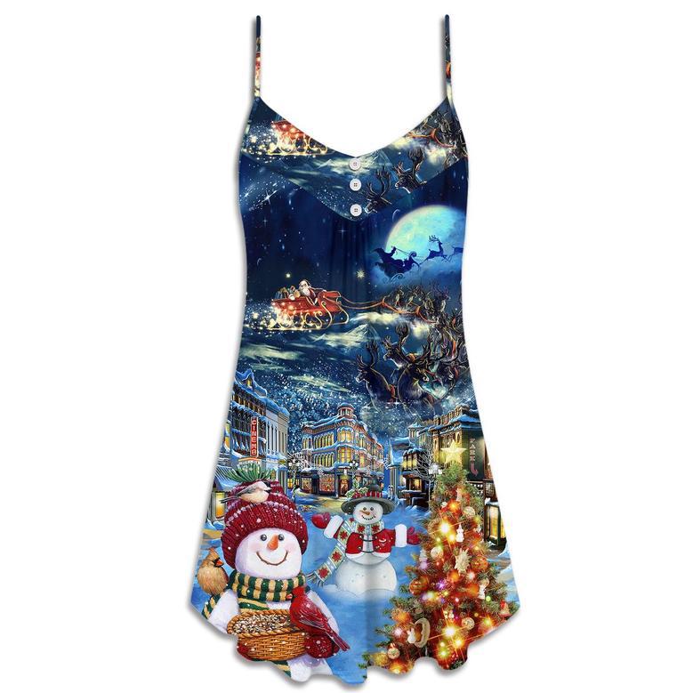 Christmas Family Snowman Santa Claus In Love Light Art Style - V-Neck Sleeveless Cami Dress