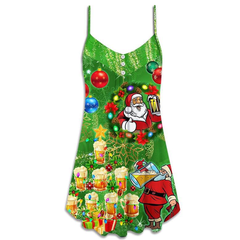 Christmas Funny Santa Claus Drinking Beer Happy Christmas Tree Green Light - V-Neck Sleeve Cami Dress