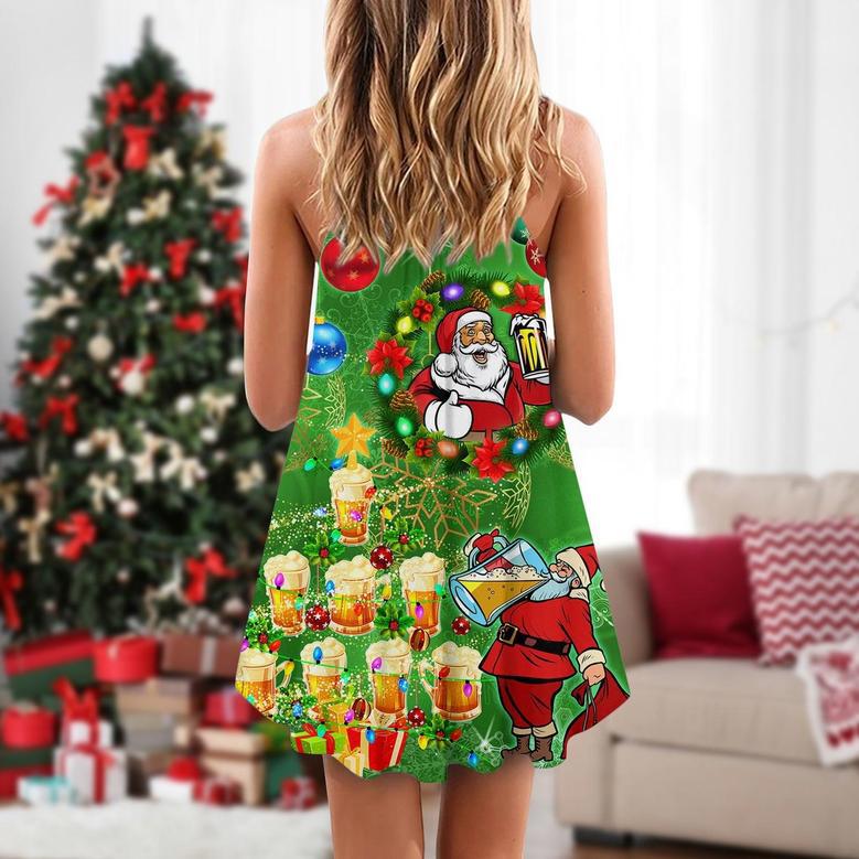 Christmas Funny Santa Claus Drinking Beer Happy Christmas Tree Green Light - V-Neck Sleeve Cami Dress