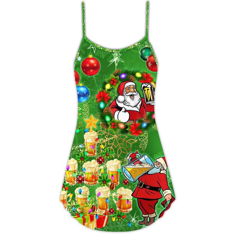 Christmas Funny Santa Claus Drinking Beer Happy Christmas Tree Green Light - V-Neck Sleeve Cami Dress