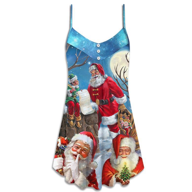 Christmas Funny Santa Claus Elf Xmas Is Coming Blue Sky Art Style - V-Neck Sleeveless Cami Dress