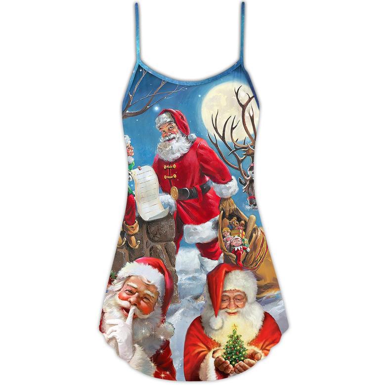 Christmas Funny Santa Claus Elf Xmas Is Coming Blue Sky Art Style - V-Neck Sleeveless Cami Dress