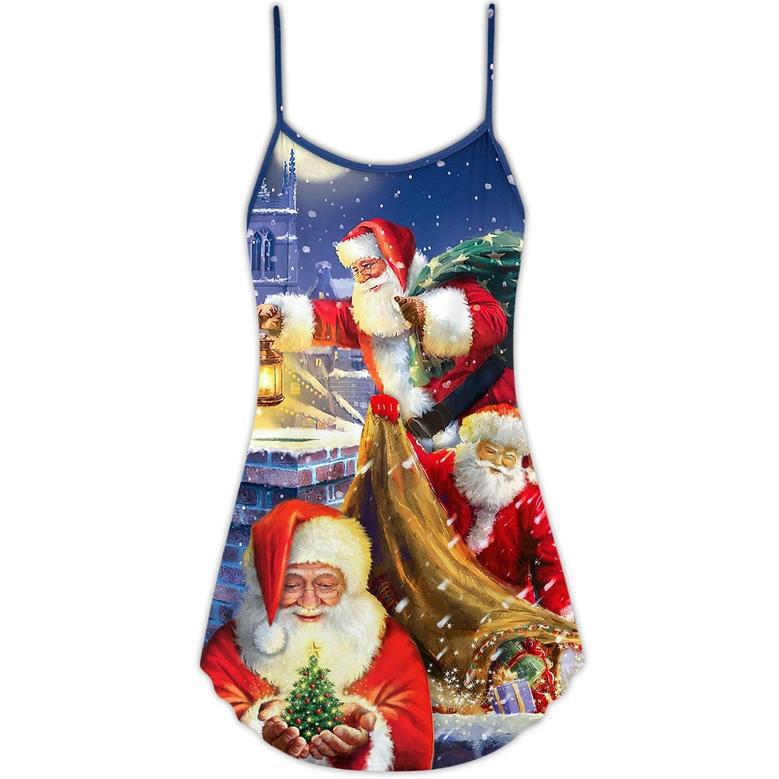 Christmas Funny Santa Claus Up On Rooftop Art Style - V-Neck Sleeveless Cami Dress