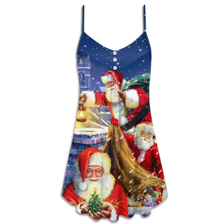 Christmas Funny Santa Claus Up On Rooftop Art Style - V-Neck Sleeveless Cami Dress