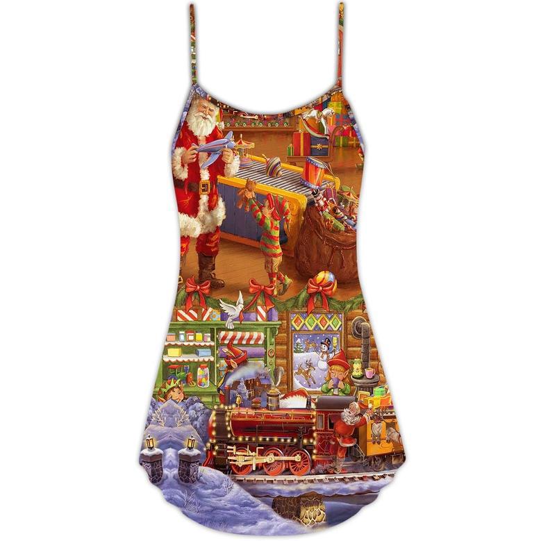 Christmas Santa And Happiness Train Art Style - V-Neck Sleeveless Cami Dress