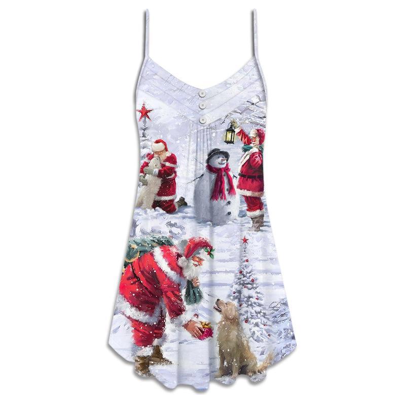 Christmas Santa Claus Chilling With Animal Snowman Happy Xmas Art Style - V-Neck Sleeveless Cami Dress