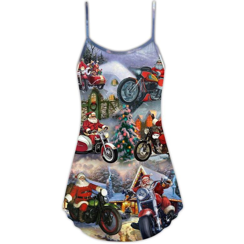 Christmas Santa Claus Driving Motorcycle Bike Gift Light Art Style - V-Neck Sleeveless Cami Dress