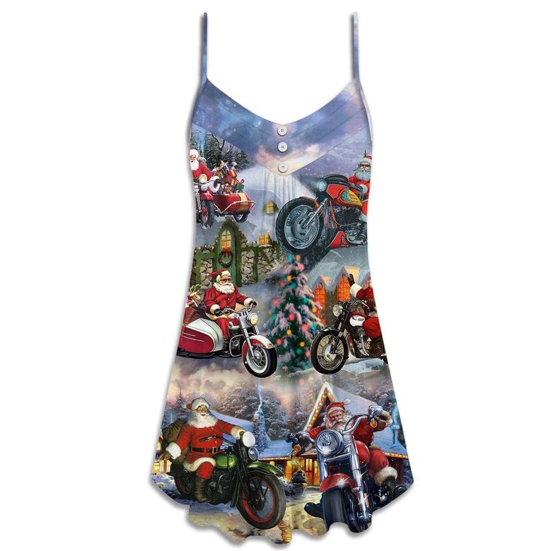 Christmas Santa Claus Driving Motorcycle Bike Gift Light Art Style - V-Neck Sleeveless Cami Dress