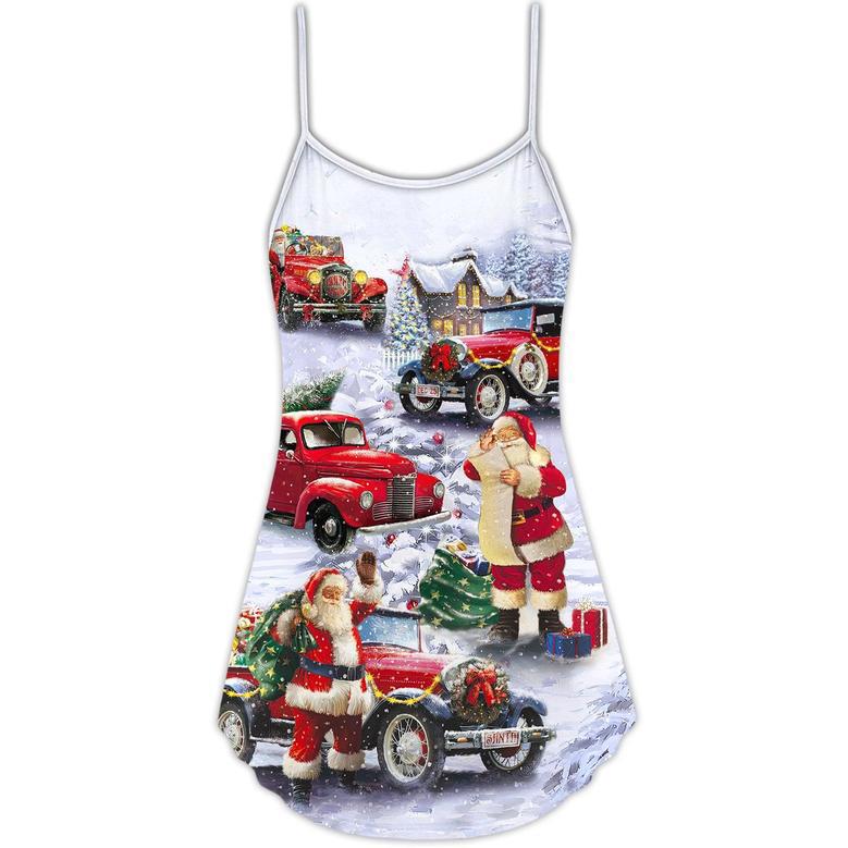 Christmas Santa Claus Funny Red Truck Gift For Xmas Painting Style - V-Neck Sleeveless Cami Dress