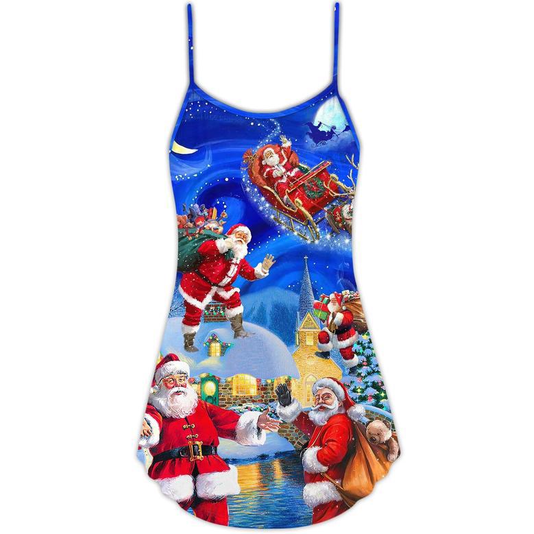 Christmas Santa Claus In The Town Magic Night Art Style - V-Neck Sleeveless Cami Dress