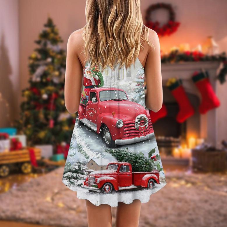 Christmas Santa Claus Red Truck Xmas Is Coming Art Style - V-Neck Sleeveless Cami Dress