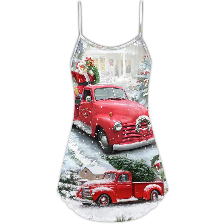 Christmas Santa Claus Red Truck Xmas Is Coming Art Style - V-Neck Sleeveless Cami Dress