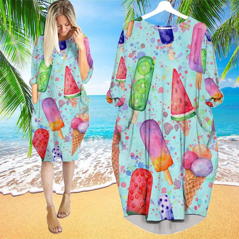 Color Ice Cream Cone Pattern Long Sleeve Midi Dress