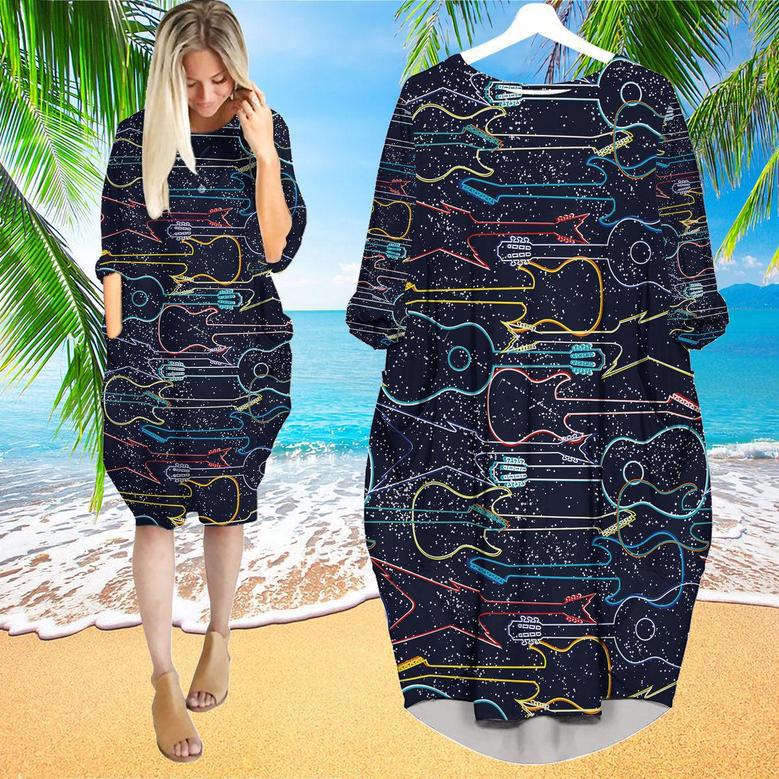 Colorful Acoustic And Electric Guitars Long Sleeve Midi Dress