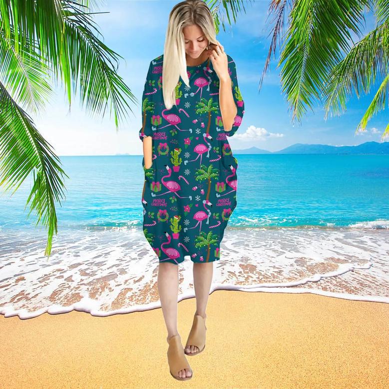 Colorful Flamingo Christmas In July Long Sleeve Midi Dress