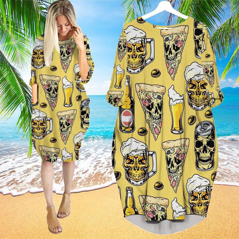 Colorful Pizza And Alcoholic Drinks In Glasses Beer Long Sleeve Midi Dress