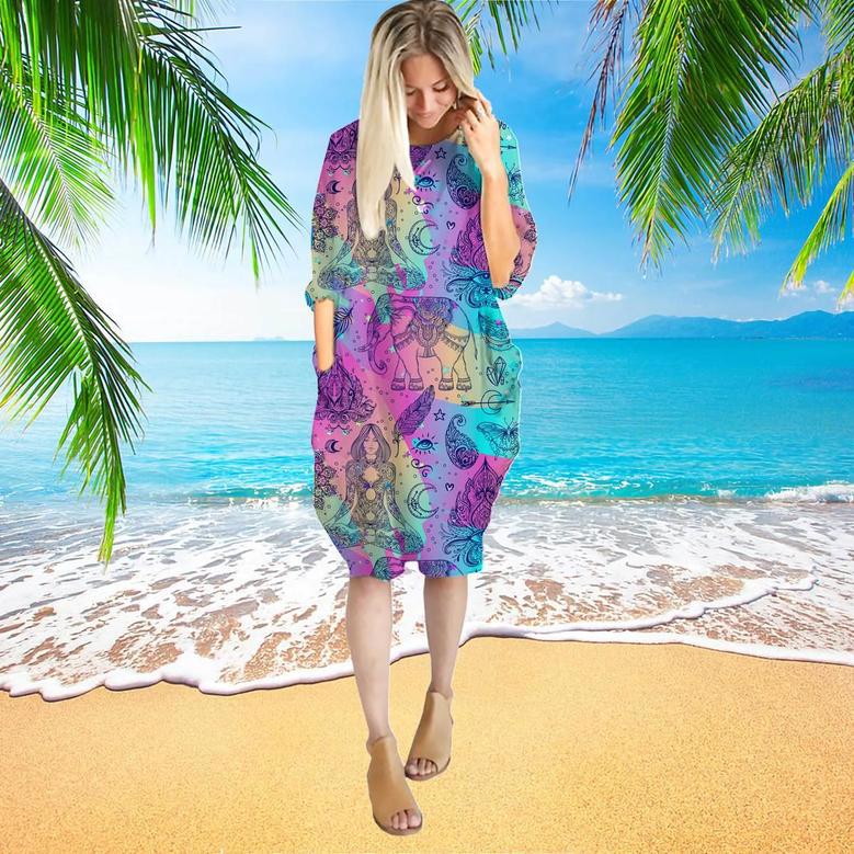 Colorful Rainbow Boho Style Long Sleeve Midi Dress