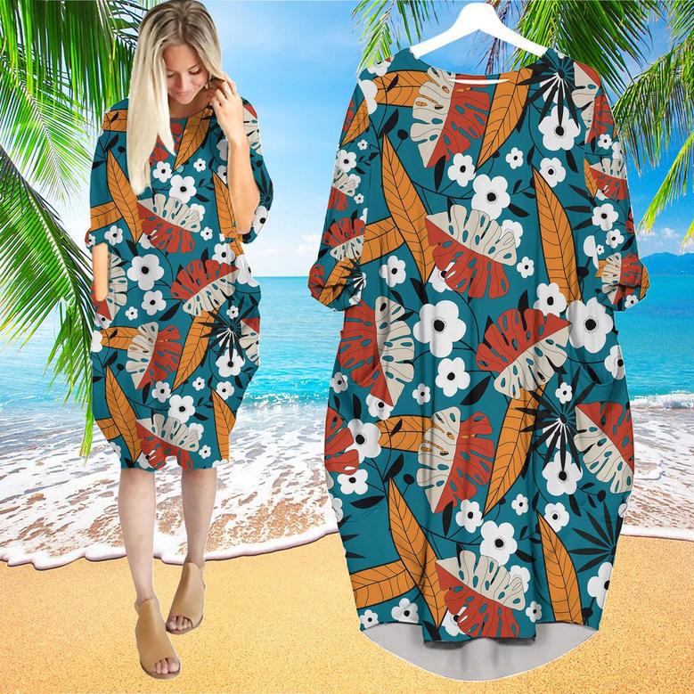 Colorful Tropical Floral Pattern Long Sleeve Midi Dress