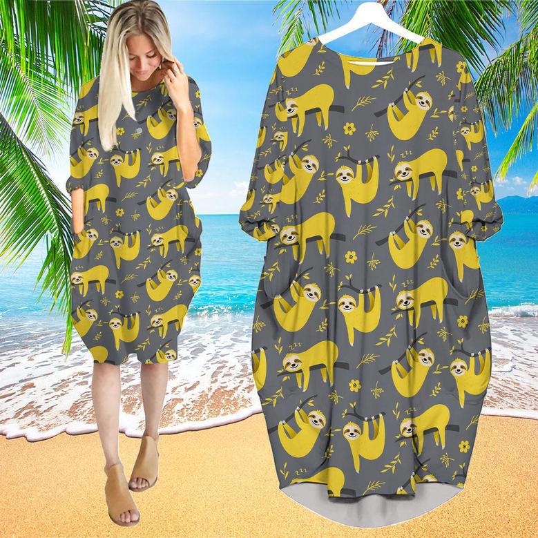 Cute Sloth Seamless Pattern In Yellow And Gray Long Sleeve Midi Dress