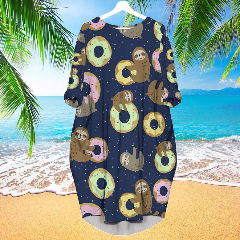 Cute Sloth With Sweet Donuts Long Sleeve Midi Dress