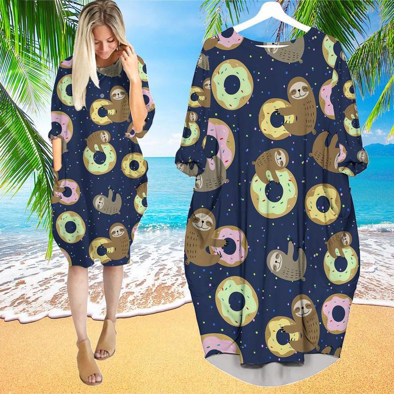 Cute Sloth With Sweet Donuts Long Sleeve Midi Dress