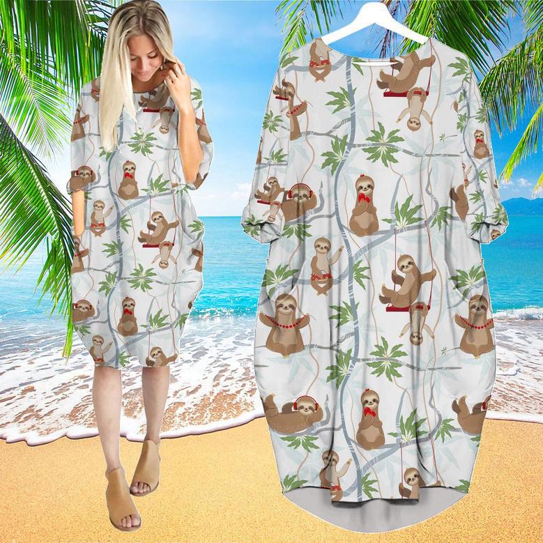 Cute Sloths Having Fun On The Trees Long Sleeve Midi Dress