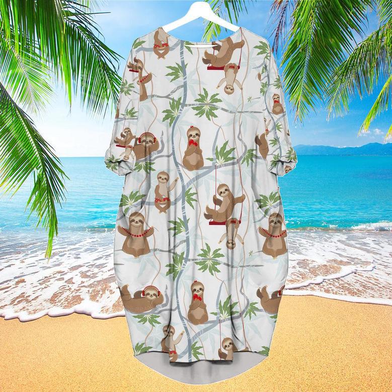 Cute Sloths Having Fun On The Trees Long Sleeve Midi Dress