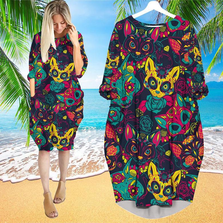 Day Of The Dead Colorful Sugar Cat Skull With Floral Long Sleeve Midi Dress