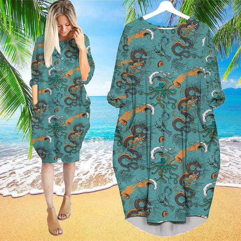 Dragon Octopus And Sea Voyages Long Sleeve Midi Dress