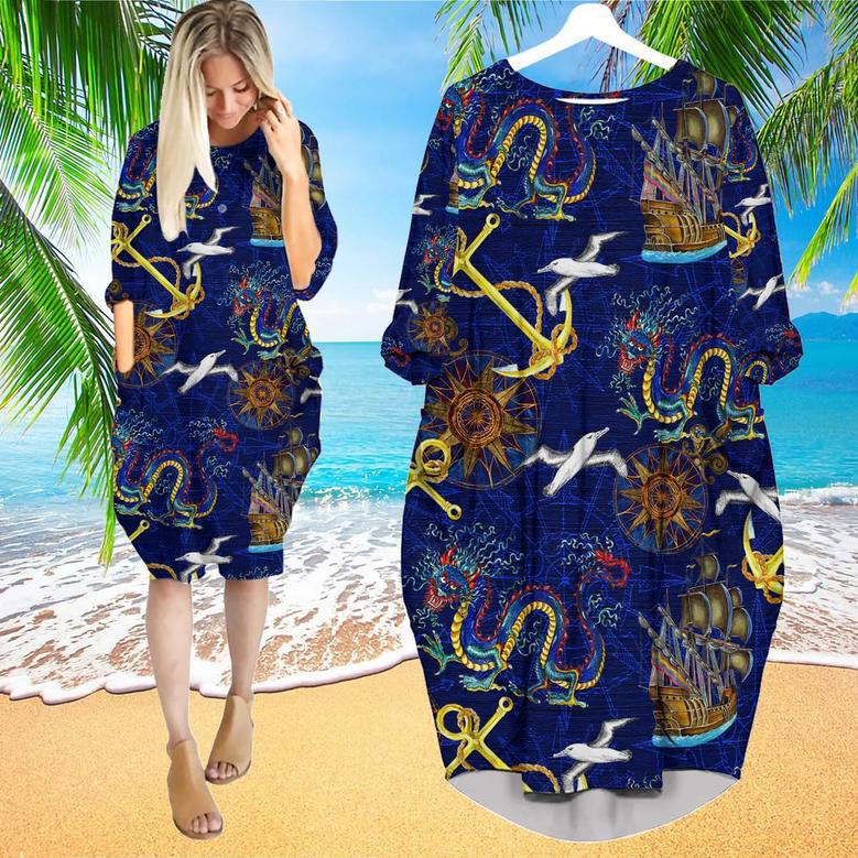 Dragons Pirates Pattern Long Sleeve Midi Dress