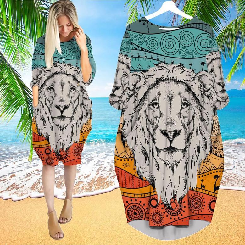 Ethnic Head Of Lion On African Long Sleeve Midi Dress