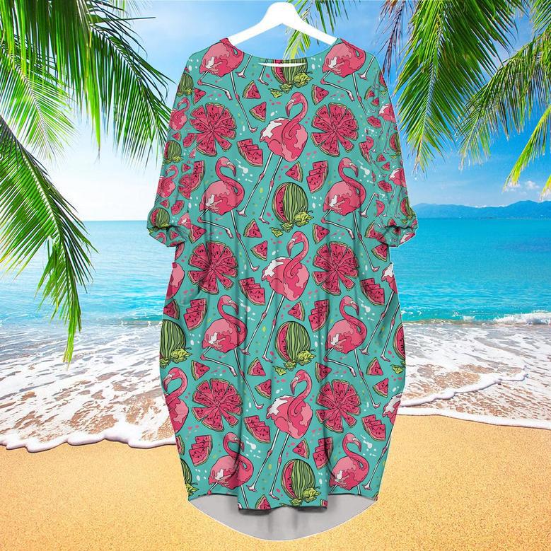 Flamingo And Watermelon Long Sleeve Midi Dress