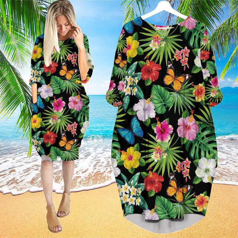 Flower And Leaves Tropical Long Sleeve Midi Dress