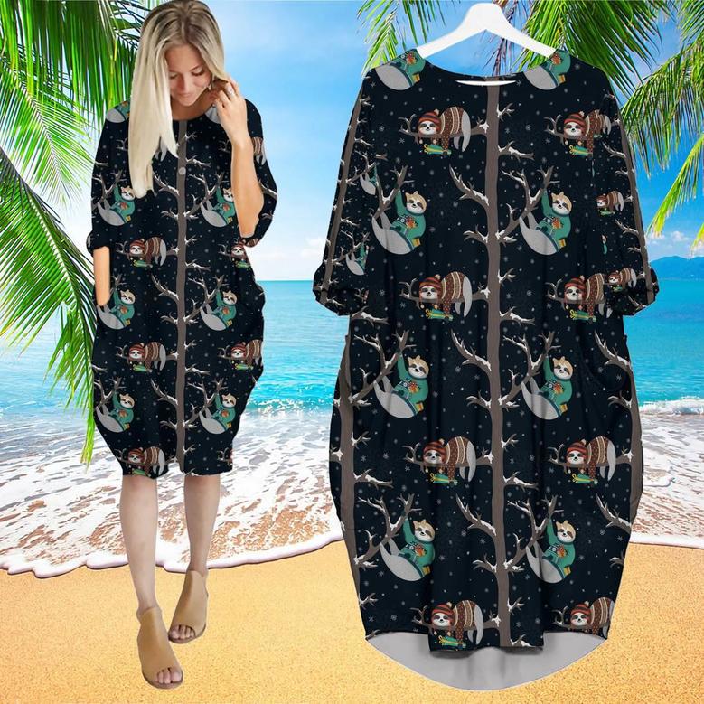 Funny Baby Sloths Sleeping On The Tree Long Sleeve Midi Dress