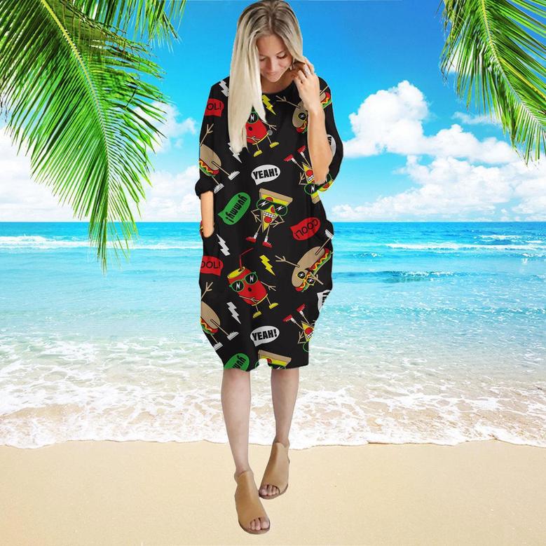 Funny Hot Dog Slice Pizza Long Sleeve Midi Dress