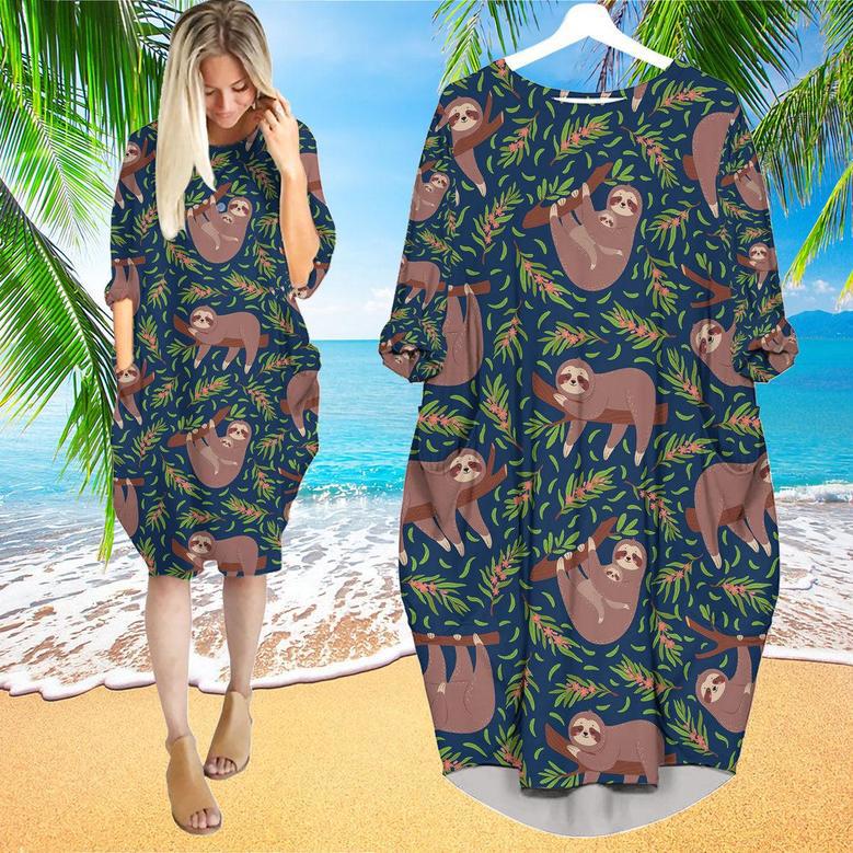 Funny Lazy Sloths On Branch Seamless Long Sleeve Midi Dress